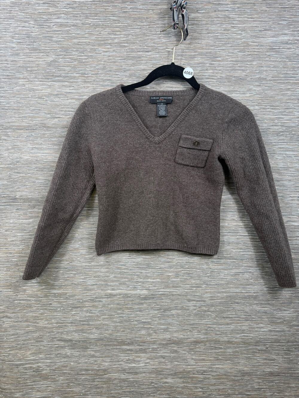 Sarah Spencer Sweater Womens S Brown Merino Wool V Neck Pocket Knit Pullover